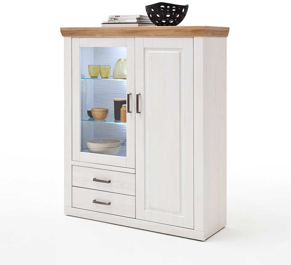 Pharao24.de Landhaus Highboard Vitrine in Weiß und Eiche Optik 40 cm tief