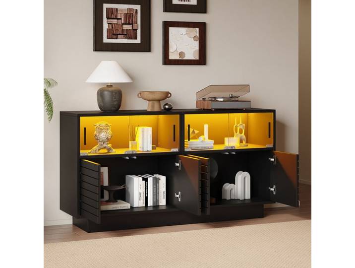 LPOSPI Buffet salon - LED télécommandé 4 placards 4 portes verre - panneaux particules et verre trempé - 130x35x68 cm - noir