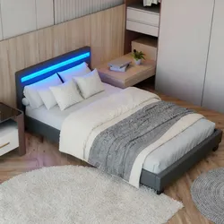 Juskys Polsterbett Paris 120 x 200 cm – Bett mit LED-Beleuchtung, Lattenrost & Kopfteil - Grau
