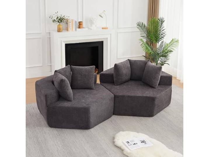 Moderner Sechseckiger Einzelsesse，Modulares Relaxsessel für Wohnzimmer Sechseckiger Einzelsessel aus weichem Chenille，Flauschiger Loungesessel mit 6 Kissen，Vielseitig Kombinierbar，ohne Montage