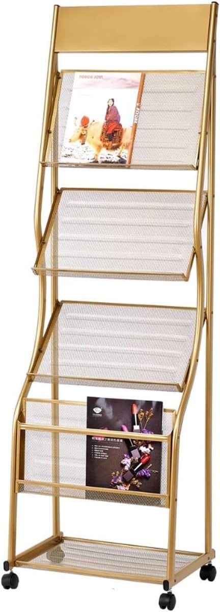 Staande tijdschriftenhouder met 4 planken en wielen - Goud
