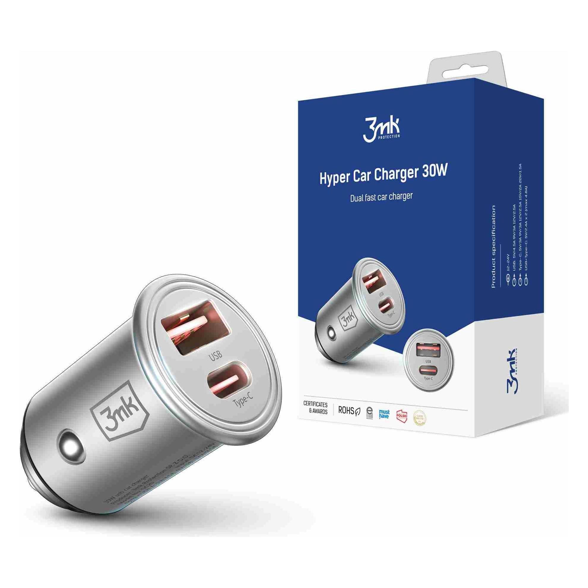 3MK Hyper Car Charger Type-C + USB ports QC 4.0 + PD 30W (3mk Hyper Car Charger 30W(1)-0)