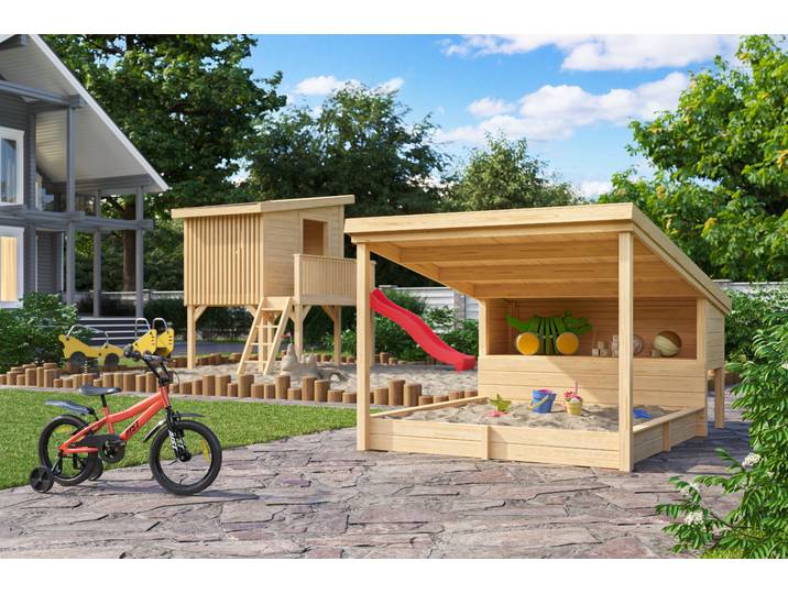Sandkasten NORDIC HOLZ PIPPI 2 , beige (natur), B:214cm H:178,98cm T:270cm, Massivholz, Sandkästen, Sandkasten, Spielelement mit Überdachung, BxTxH: 214x270x179 cm