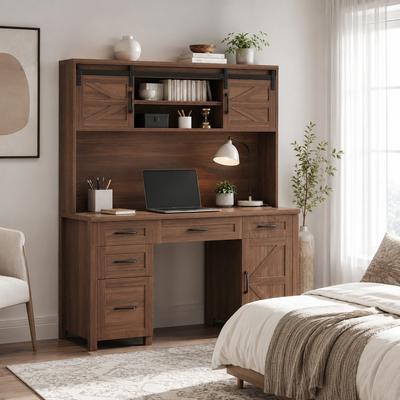 Fundinbaths "61"" Farmhouse Executive Desk with Hutch, Charging Station, 5 Drawers and Barn Doors"