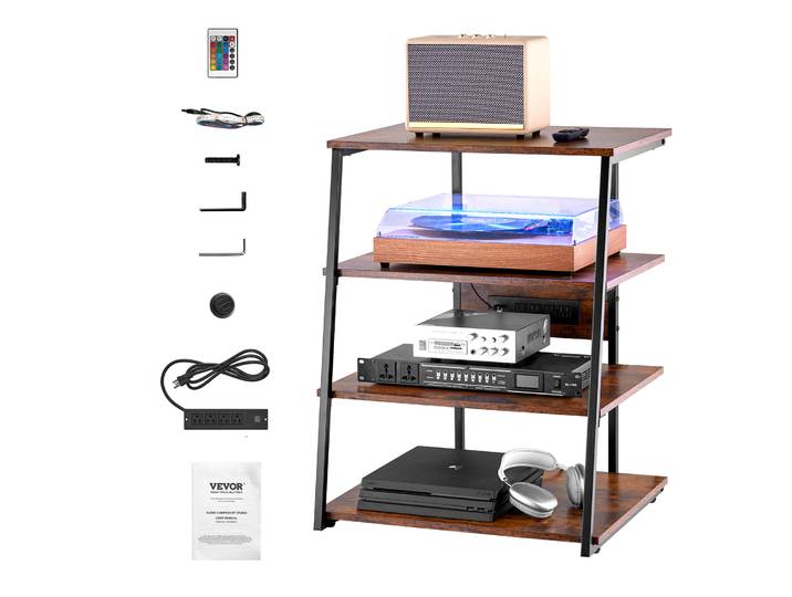 SucceBuy Support multimédia AV avec multiprise Meuble TV d'angle Étagère en bois réglable en hauteur pour lecteur DVD Consoles de jeux par câbles