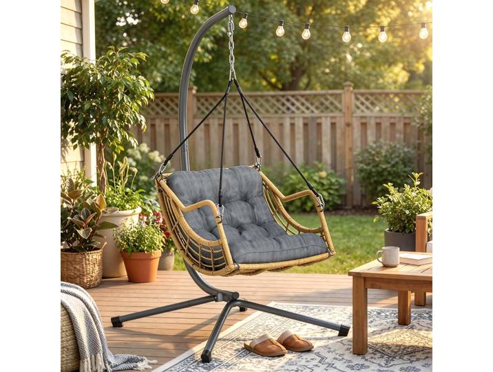 Outsunny Fauteuil Suspendu Résine Tressée Gris avec Support