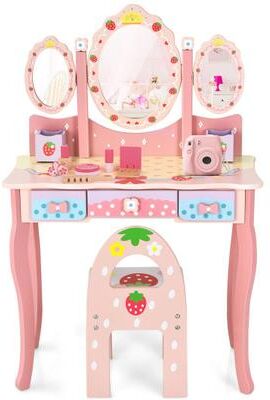 Costway Kids Vanity Princess Makeup Dressing Table Chair Set with Tri-fold Mirror-Pink