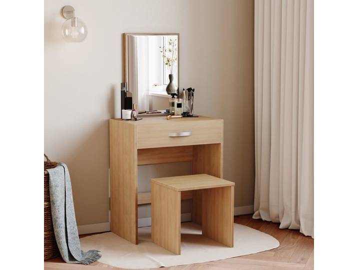 Coiffeuse Isla en pin avec 1 tiroir miroir et tabouret – Ensemble meuble maquillage et coiffeuse