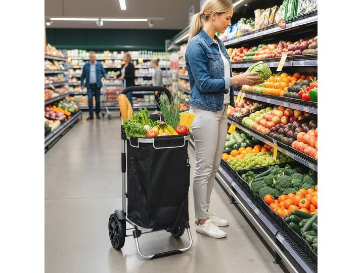 HOMCOM Chariot Courses Pliable 40L Roulettes Poignée Noir
