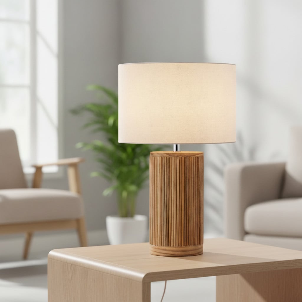 Lyora Schemerlamp met houten voet en witte stoffen kap