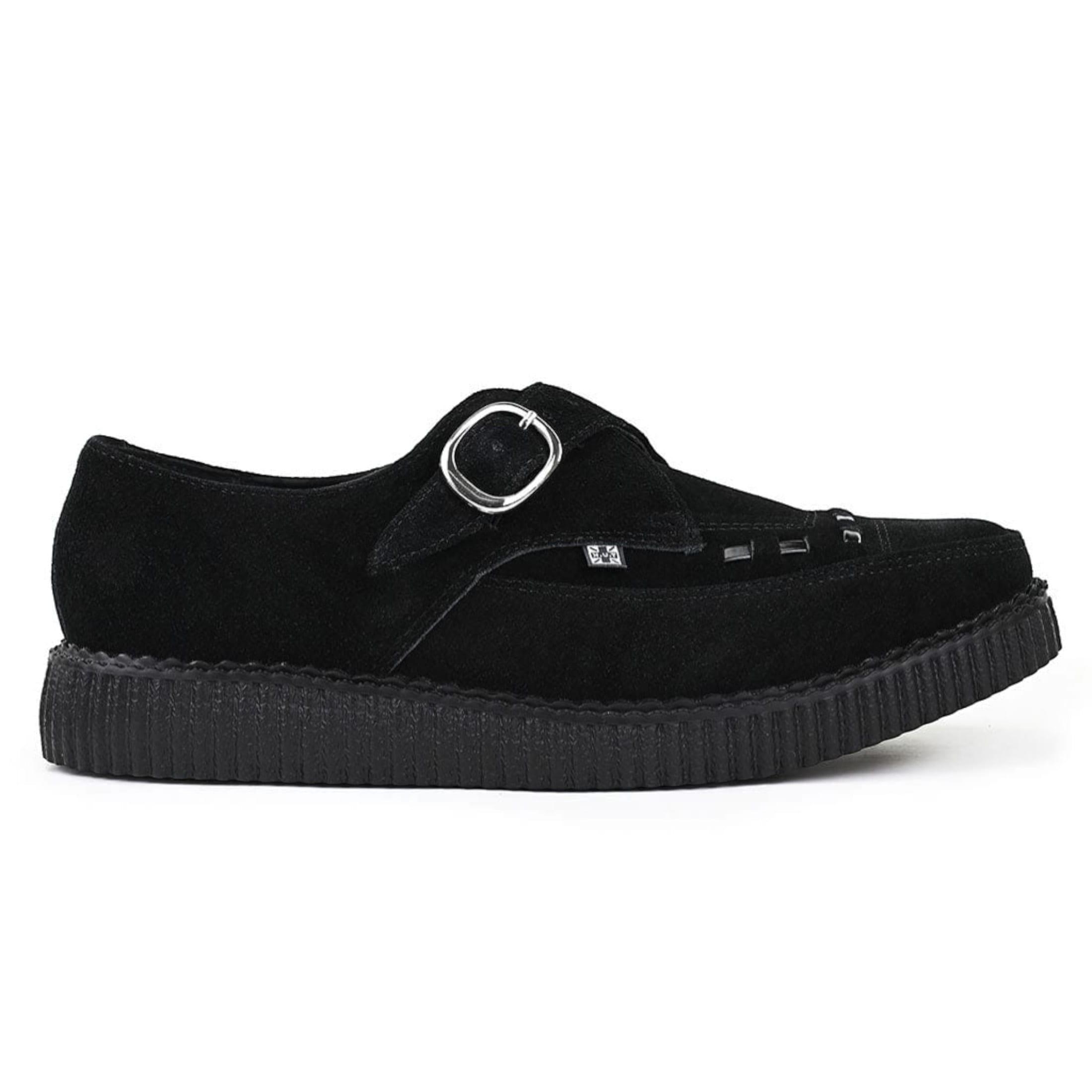 TUK Pointed Creeper Black Suede Monk Buckle Platform Shoes - A8139