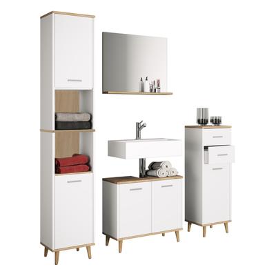 Badmöbel-Set VCM "4-tlg. Komplett Badmöbel Badschrank Set Landos l", braun (weiß, honig, eiche), B:124cm T:28cm, Obermaterial: 100% Holz Wood., Schränke, Badmöbel-Set