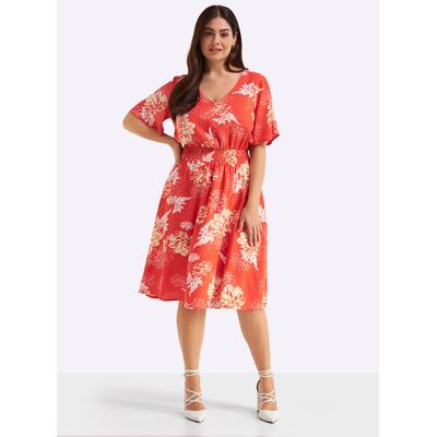 Sommerkleid SHEEGO "Kleid", Damen, Gr. 50, Normalgrößen, Kurzarm, rot (terra, lavendel, bedruckt), 100% Viskose, bedruckt, geblümt, gemustert, knielang, V-Ausschnitt, Kleider Sommerkleid