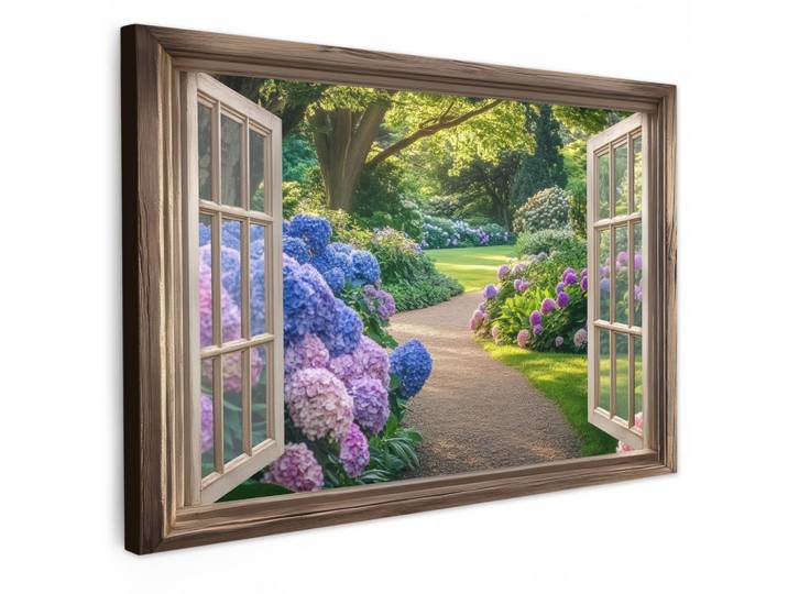 LEINWANDBILD Aussicht - Garten - Fenster - Hortensie - Blumen Gemälde 60x40 cm