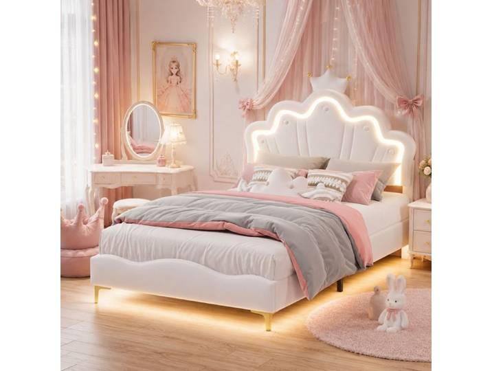 Lit princesse 140x190 avec LED Lit enfant 140x190 cm avec tête de lit en forme de couronne réglable Lit fille 140x190 cm Blanc