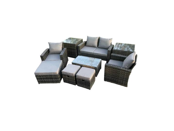 Fimous Gartensofa Hohe Rückenlehne Polyrattan Dunkelgrau 7-Sitzer, Metall, rechteckig, Gartenmöbel, Gartengarnituren, Gartenmöbel-Sets