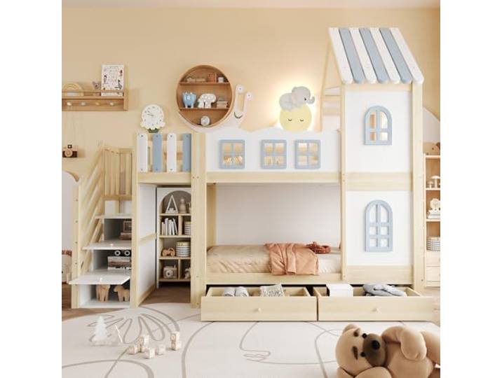 Kinder-Etagenbett 90 x 200 cm, Mit Bettgitter in Wolkenform, Dachkonstruktion Mit Fenstern, Stauraumleiter, Regalen und Schubladen, Kinderbett aus Holz, Bett für Jungen und Mädchen, Doppelbett, Weiß