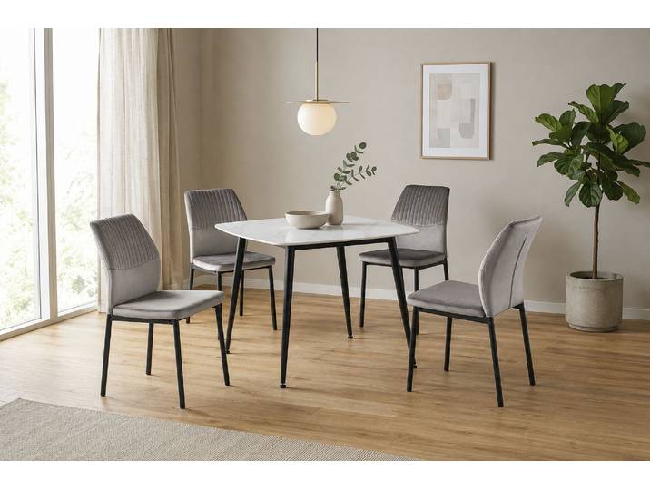 Essgruppe GOODPRODUCT Nora, Set, 5-tlg , grau (grau, weiß, grau, schwarz), B:90cm H:74cm T:90cm, Metall, Stein, Stoff, Sitzmöbel-Sets, Essgruppe, mit 4 bequemen Stühlen, Esstisch aus gesintertem Stein in Keramikoptik