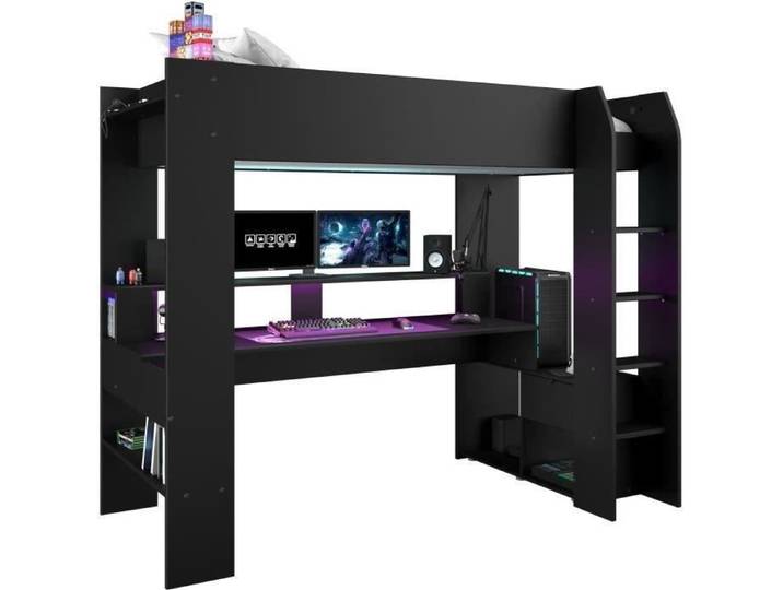 Lit mezzanine combiné enfant LED Gamer ONLINE - 90 x 200 cm - Noir mat - Sommier inclus - PARISOT