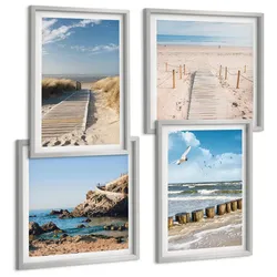 BILDER SET 4er Set - 50x50 cm & 40x60 cm Silberner Rahmen - Strand, Sand, Wellen, Himmel, Vögel