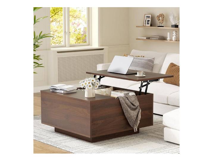 FABATO Couchtisch eckig, höhenverstellbar mit verstecktem Staufach, Landhaus-Design (1-St), mit einem sanften Hebe-Mechanismus, nussbaum