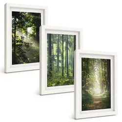 BILDER SET 3er Set - 20x30 cm Weißer Rahmen - Grüne Wälder mit Lichtstrahlen