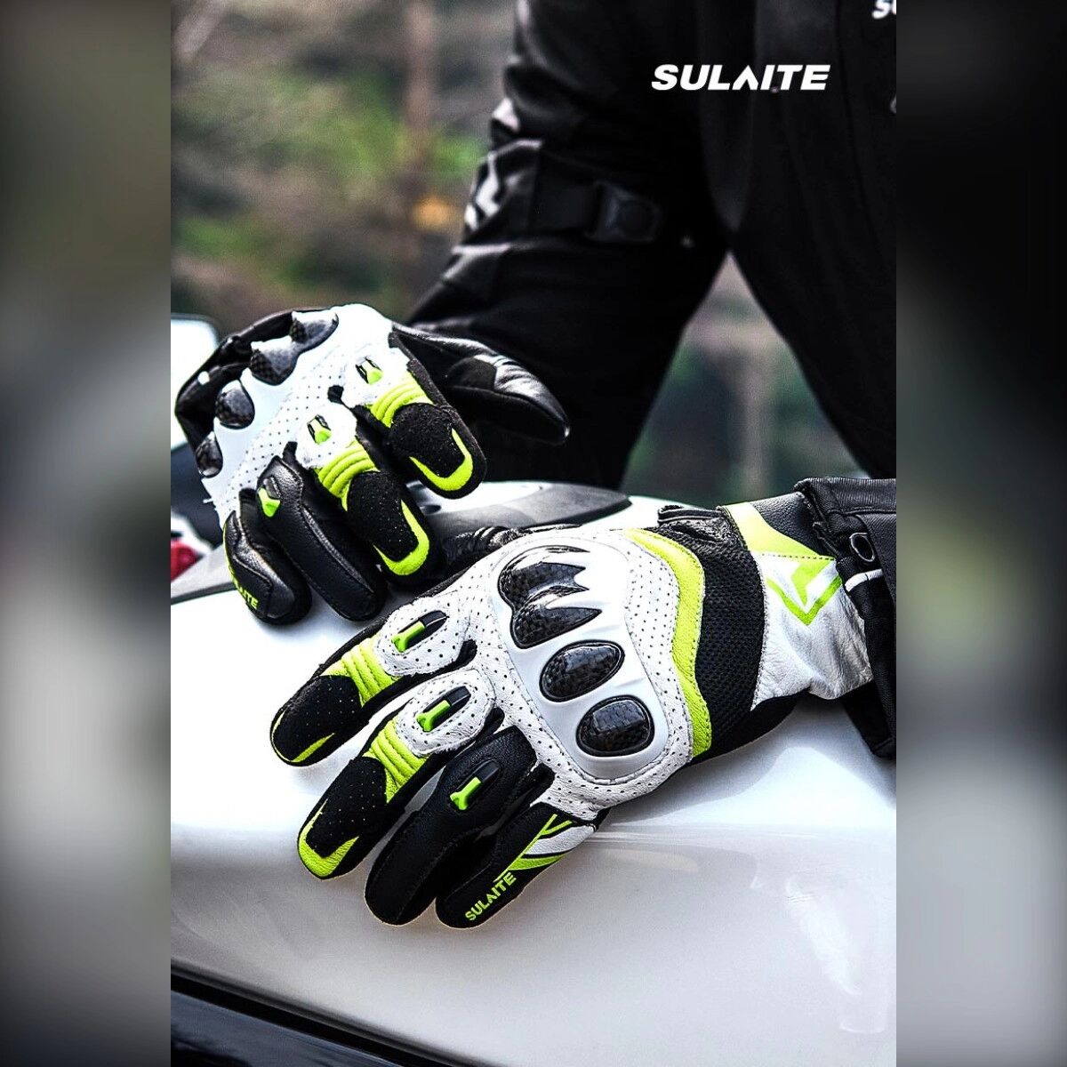 INF Carbonfaser Vollfinger-Fahrradhandschuhe x2 — TPU Knöchelschutz, atmungsaktives Touchscreen-Design Grün