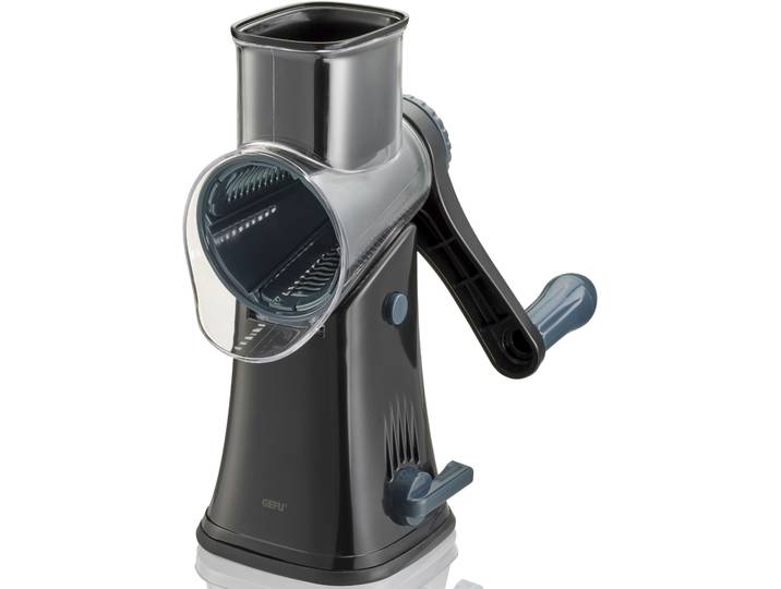 Trommelreibe GEFU Click , schwarz (schwarz, anthrazit), B:12,5cm L:28cm T:23,5cm, Edelstahl, Kunststoff, Stahl, Küchenreiben, Trommelreibe, innovative Wechseltrommel