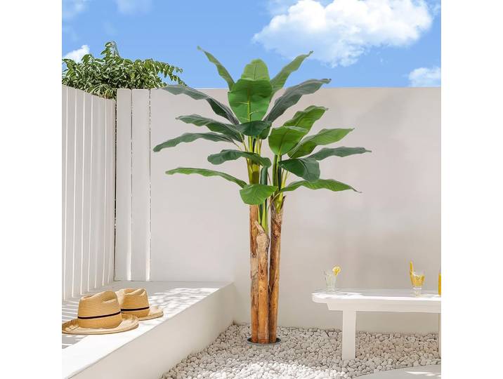 Arbre à bananes artificiel de 150 cm, feuilles de bananes artificielles avec pot gris, plante artificielle pour la décoration intérieure et extérieure