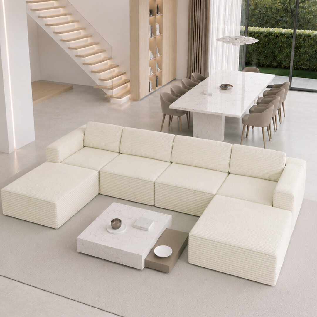Latitude Run® Modular Corduroy Boneless Sofa With 2 Ottomans, No Assembly Required, With High Rebound Sponge Beige 93" H x 404" W x 205" D