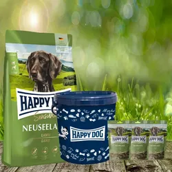 Happy Dog Supreme Neuseeland 4 kg + 3 x 100 g. Happy Dog Soft Snack Neuseeland + Futtertonne 20 Lite