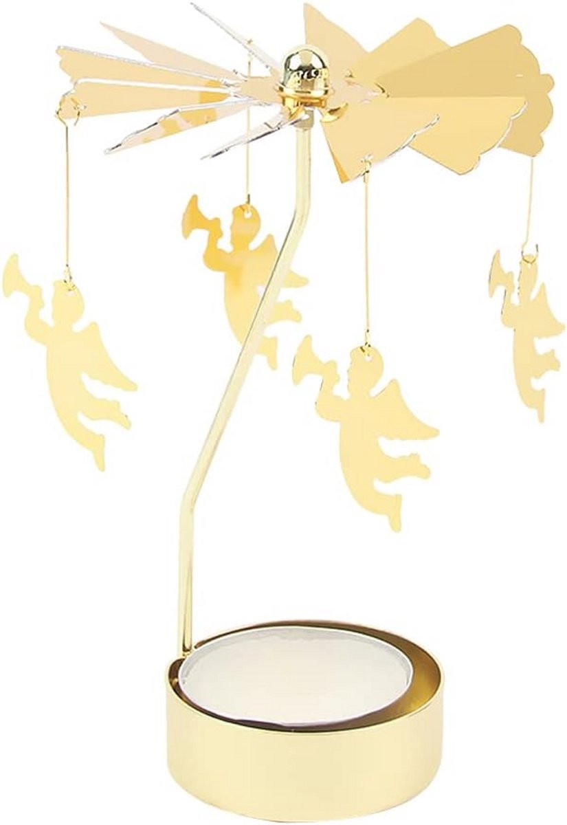 Gouden draaiende kandelaar carrousel en metalen aroma diffusor voor tealights, Hoogte: 13 cm