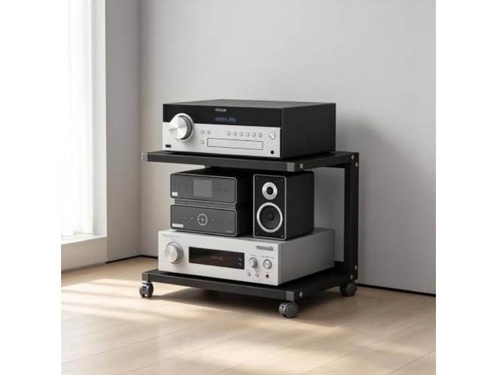 YHTCSXMD HiFi Rack mit Rollen, Offenes Audio Rack für Audiogeräte Dicke Holzablagen, Stahlrahmen und Rollen mit Fußbremse, für Wohnzimmer und Büro