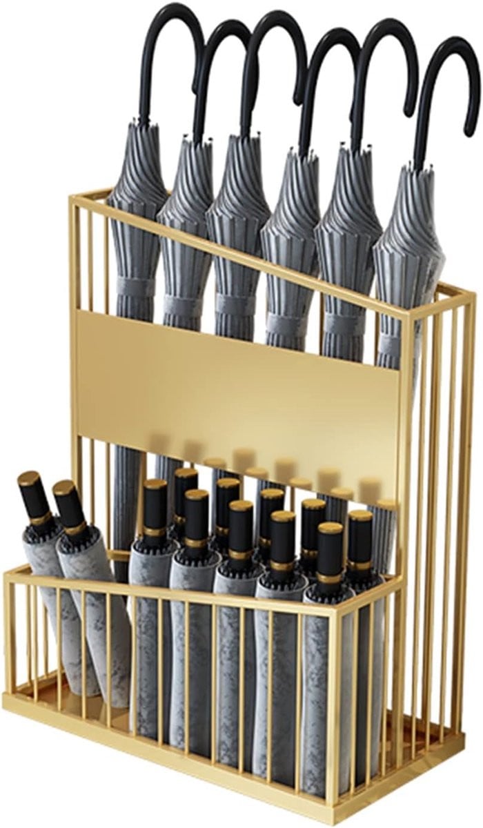 Gouden metalen paraplustandaard met lekbak voor het organiseren van tot 20 paraplu's
