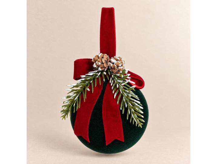 Grüne Weihnachtskugel, rotes Band und künstliche Zweige