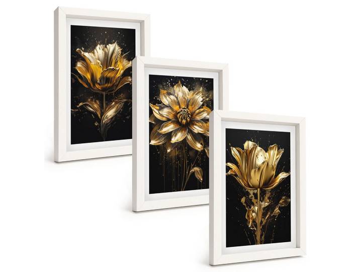 BILDER SET 3er Set - 20x30 cm Weißer Rahmen - Gelbe Blüten auf dunklem Hintergrund