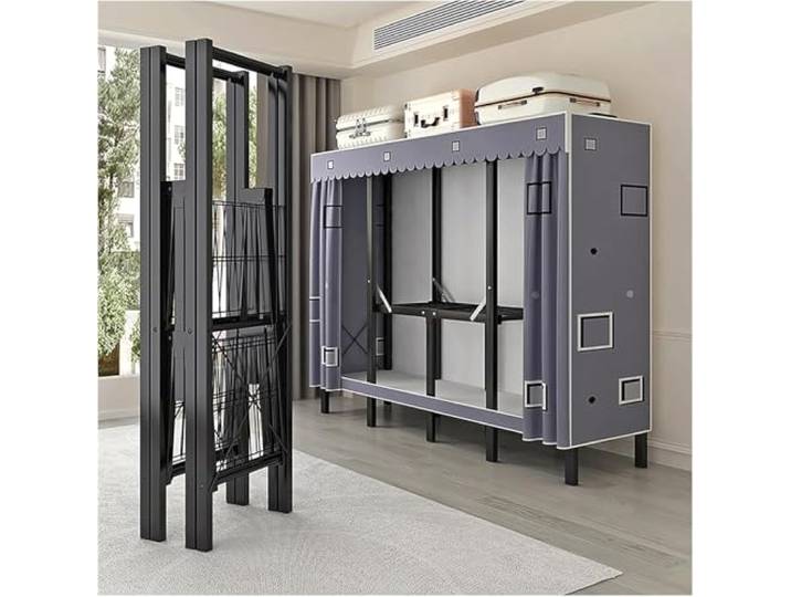MmcdylyhEU Tragbare Abdeckung for Kleiderschrank, Faltbarer Kleiderständer mit Hängestangen, stehend, L-Kleidung for Schlafzimmer/Wohnheim, platzsparend(Blue1,120cm/47.2inch)