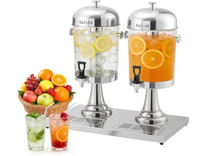 2x8L Getränkespender mit Kühlkern, Edelstahl Getränkeautomat mit transparentem PC-Behälter und Tropfschale, ideal für Party, Buffet und Catering – Heiß und Kalt Getränke