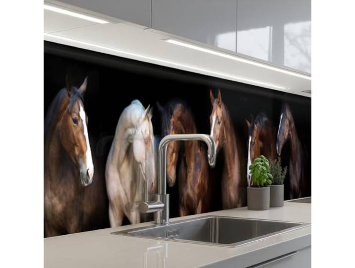 KitchenYeah© Spritzschutz Küchenrückwand Küche Abwaschbar Selbstklebend 60x400 cm - Küchenwand Küchenfront Küchen Rückenwand Wandschutz Pferd - Tiere - Schwarz