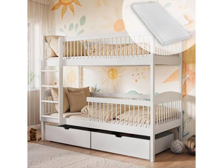 Kids Collective Hochbett Kinder, Etagenbett, Kinderbett Inkl. 2 Matratzen, 2 Schubladen, sicher & funktional Größen: 80x180, 90x190, 90x200 cm 90x200 cm von von 4. bis 18. Lebensjahr Weiß