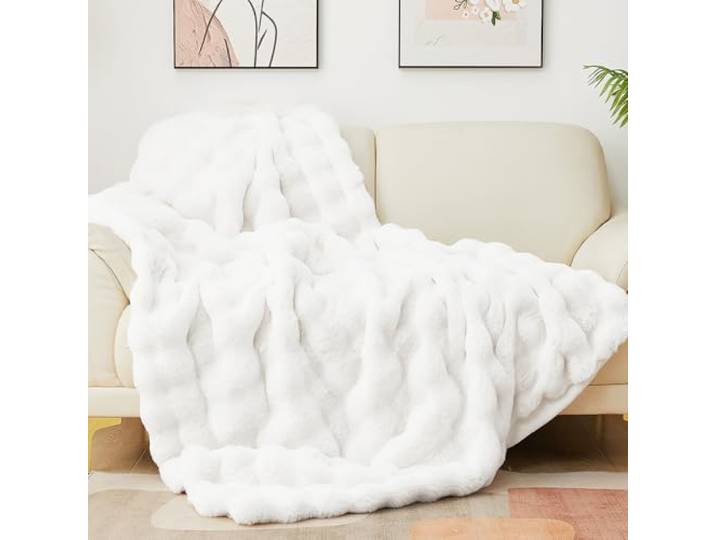 Latepis Kuscheldecke Flauschig Felldecke Kunstfell 150x200 cm Weiß Bubble Flauschige Winter Decke Wohndecke Dicke Kuscheldecke Sofadecke Kuschelig Plüschdecke Bett Schlafzimmer Kaninchenfell Decken