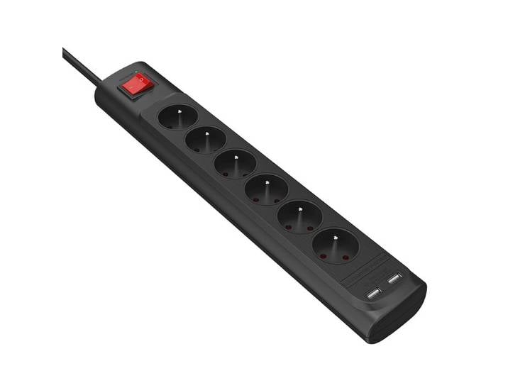Monster\, multiprise avec protection contre les surtensions pour 6 prises CA et 2 ports USB-A\, noir