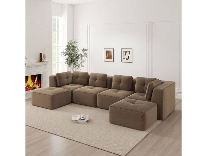 Canapé d'angle Canapé convertible – forme U sans cadre avec pouf marron base antidérapante sans montage