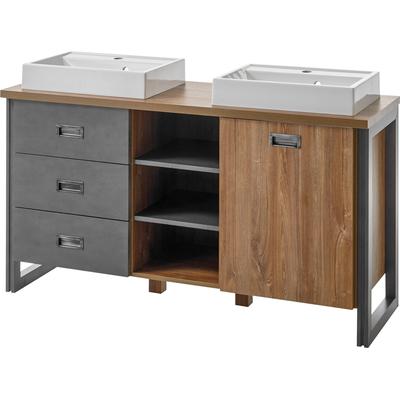 Waschtisch HOME AFFAIRE "Detroit, Unterschrank mit Apothekergriff, Badschrank, Industrialdesign", gelb (eiche honigfarben dekor, schiefer, nachbildung, eiche honigfarben dekor), B:138cm H:85cm T:40cm, Waschtische, Waschtisch