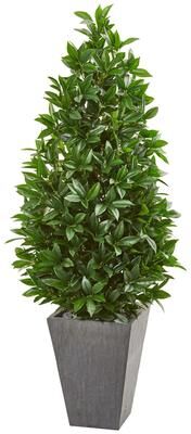 Nearly Natural "57"" Bay Leaf Cone Topiary Tree in Slate Planter UV Resistant (Indoor/Outdoor)"