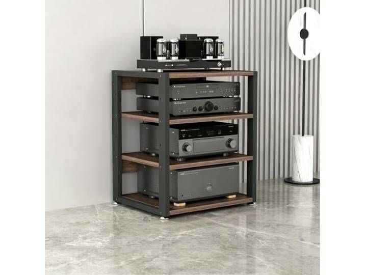 LEUBDIBR Massivholz‑Audio‑Regal mit verstellbaren Ablagen für Stereogeräte Massives Nussbaumholz, stabiler Metallrahmen, individuelle Höhe, Hi‑Fi‑geeignet(4‑Tier 21.7x15.7x34.3in)