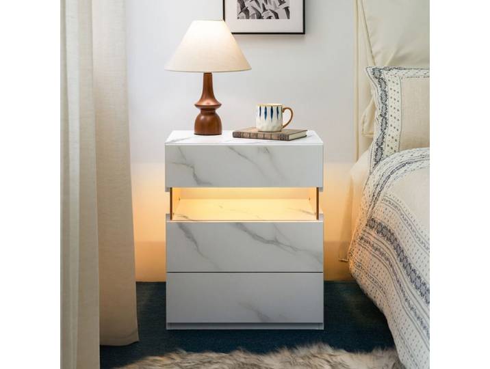 Table de chevet - LED - 3 tiroirs - Blanc mat - Éclairage RGB multicolore