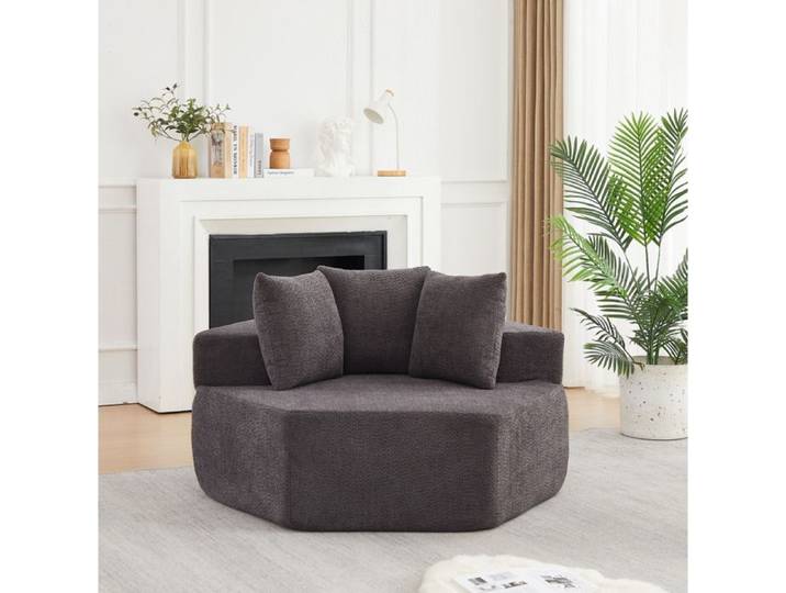 ULEVR fauteuil lounge modulable 1 place hexagonal en chenille grise avec 3 coussins livré compressé