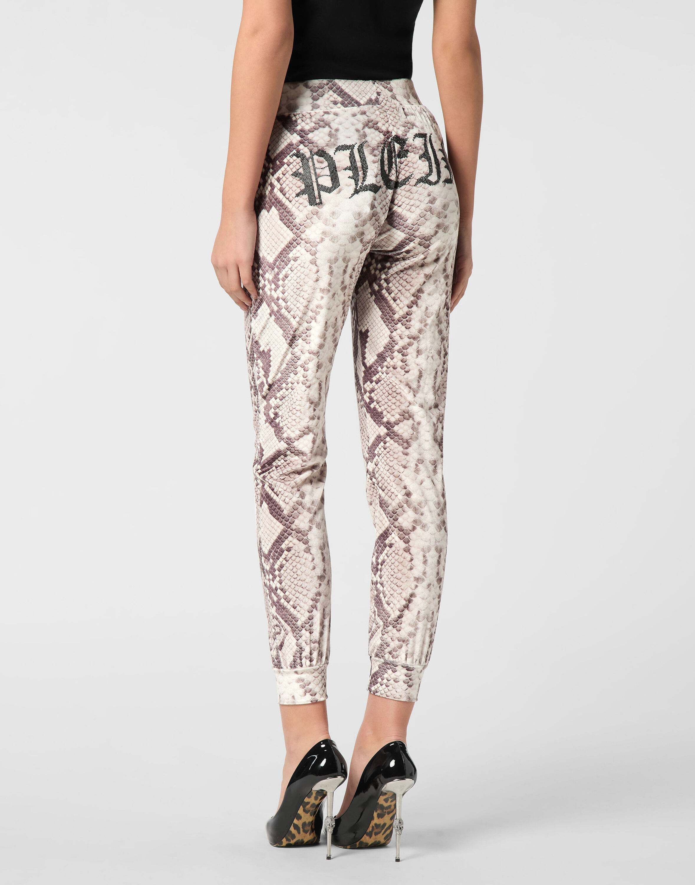 Jogginghose PHILIPP PLEIN "Python", Damen, Gr. L, US-Größen, beige (06, beige), Obermaterial: 95% Polyester, 5% Elasthan, Hosen Jogginghose