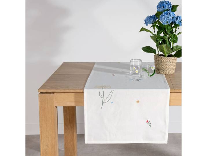 Tischläufer aus ecrufarbener Bio-Baumwolle mit mehrfarbiger Blumenstickerei, 50 x 150 cm